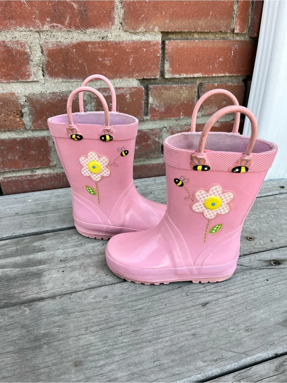 Girls Pink Flower Rain Boots with Bee Accents